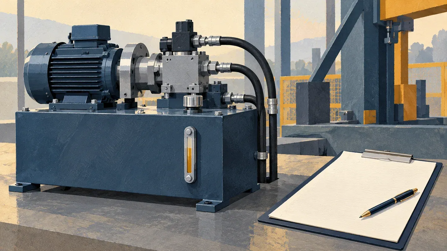 Editorial illustration of a closed hydraulic power unit beside a blank worksheet; not a viscosity test or a MOS installation.