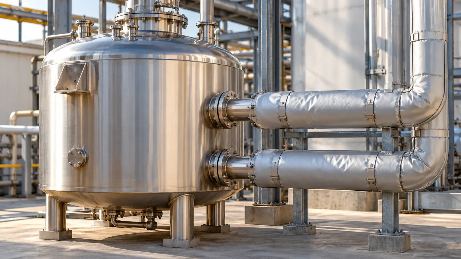 Illustrative process-vessel exterior and insulated pipes, not an identified MOS installation or engineering design.