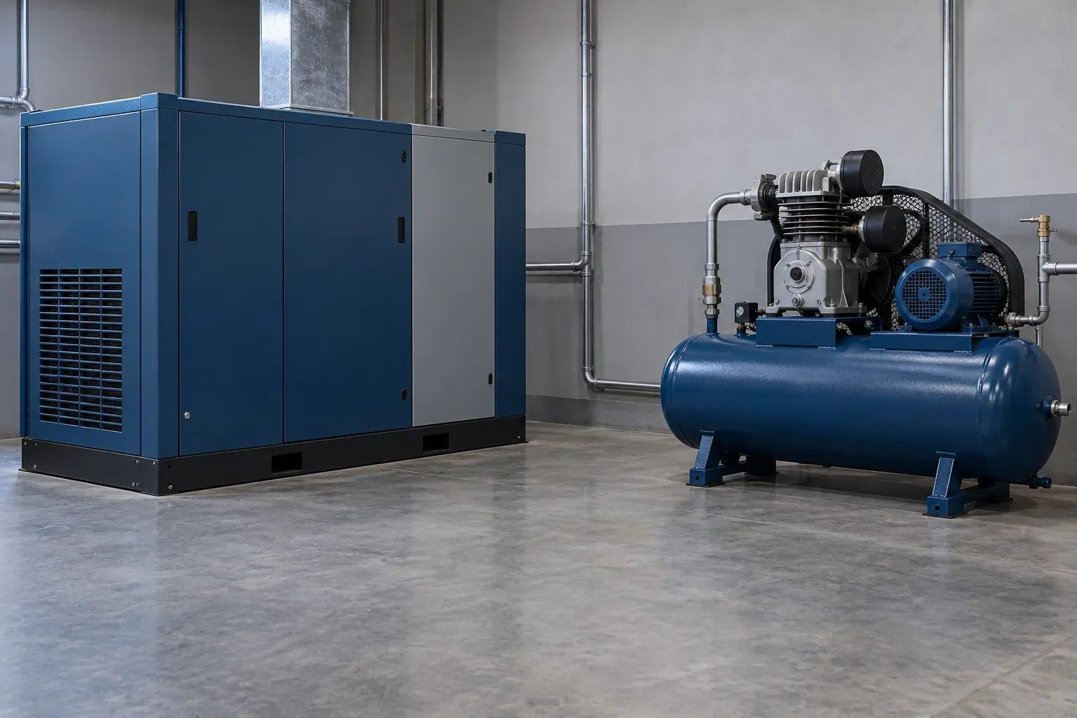 Representative exterior comparison of a closed screw-compressor cabinet and a reciprocating air-compressor assembly,not actual MOS equipment