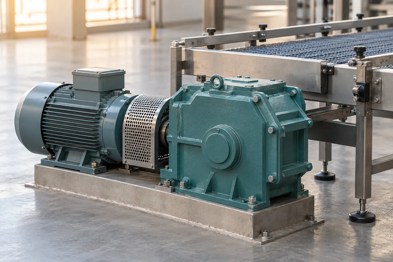 Representative closed gearbox, motor and guarded drive beside a conveyor;not a MOS installation or compatibility test