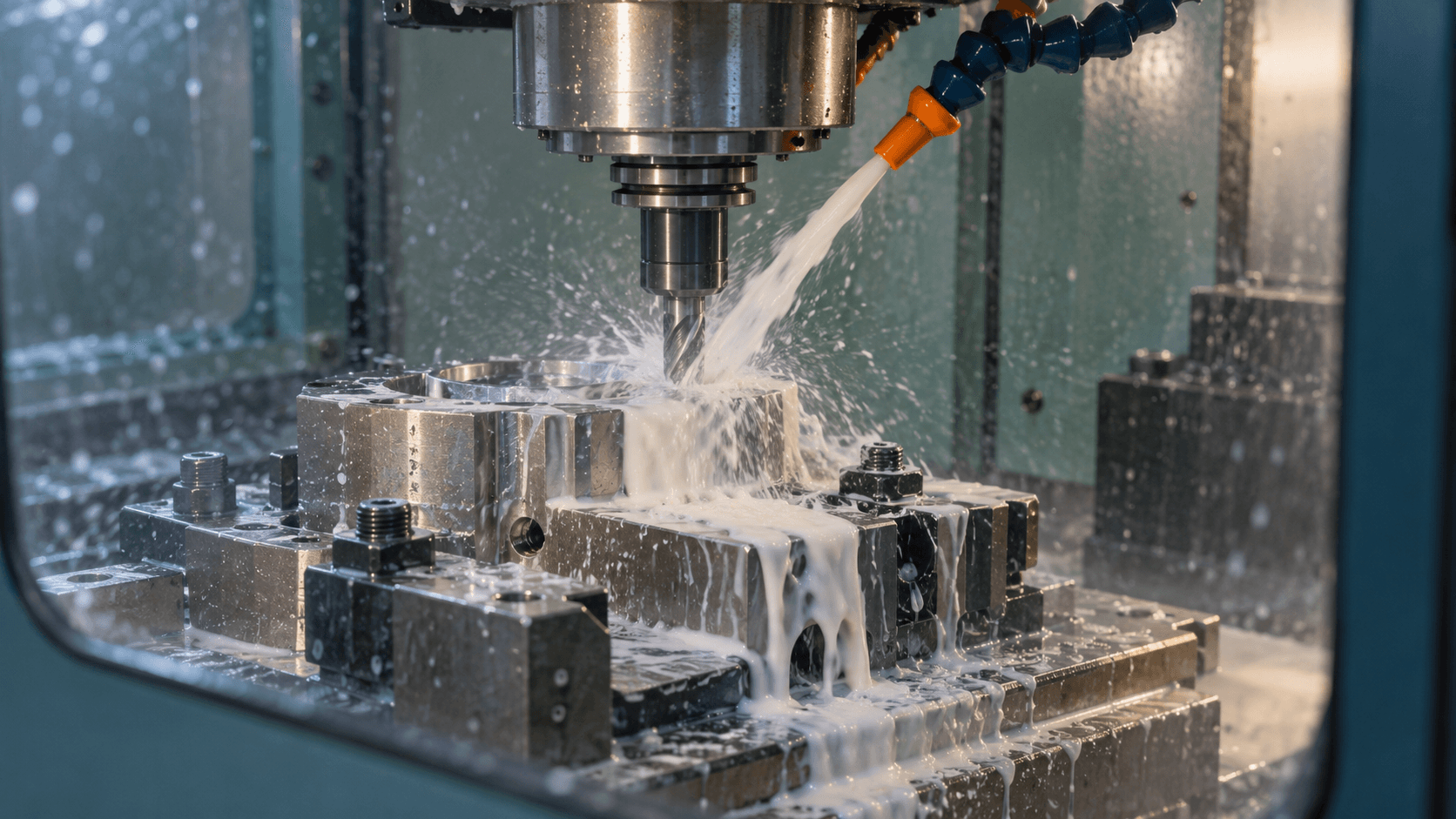 Illustrative enclosed machining cell applying milky coolant to a secured metal workpiece