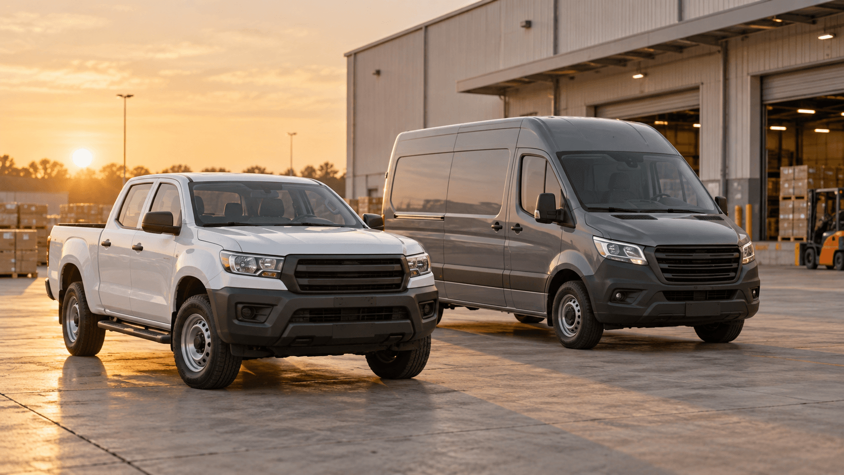 Illustrative diesel fleet vehicles in an industrial logistics yard at dawn