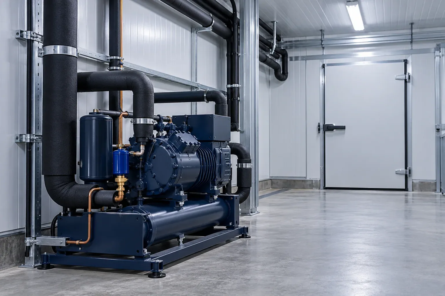 Representative closed refrigeration equipment, insulated pipes and cold-room door;not a MOS oil test or temperature guarantee