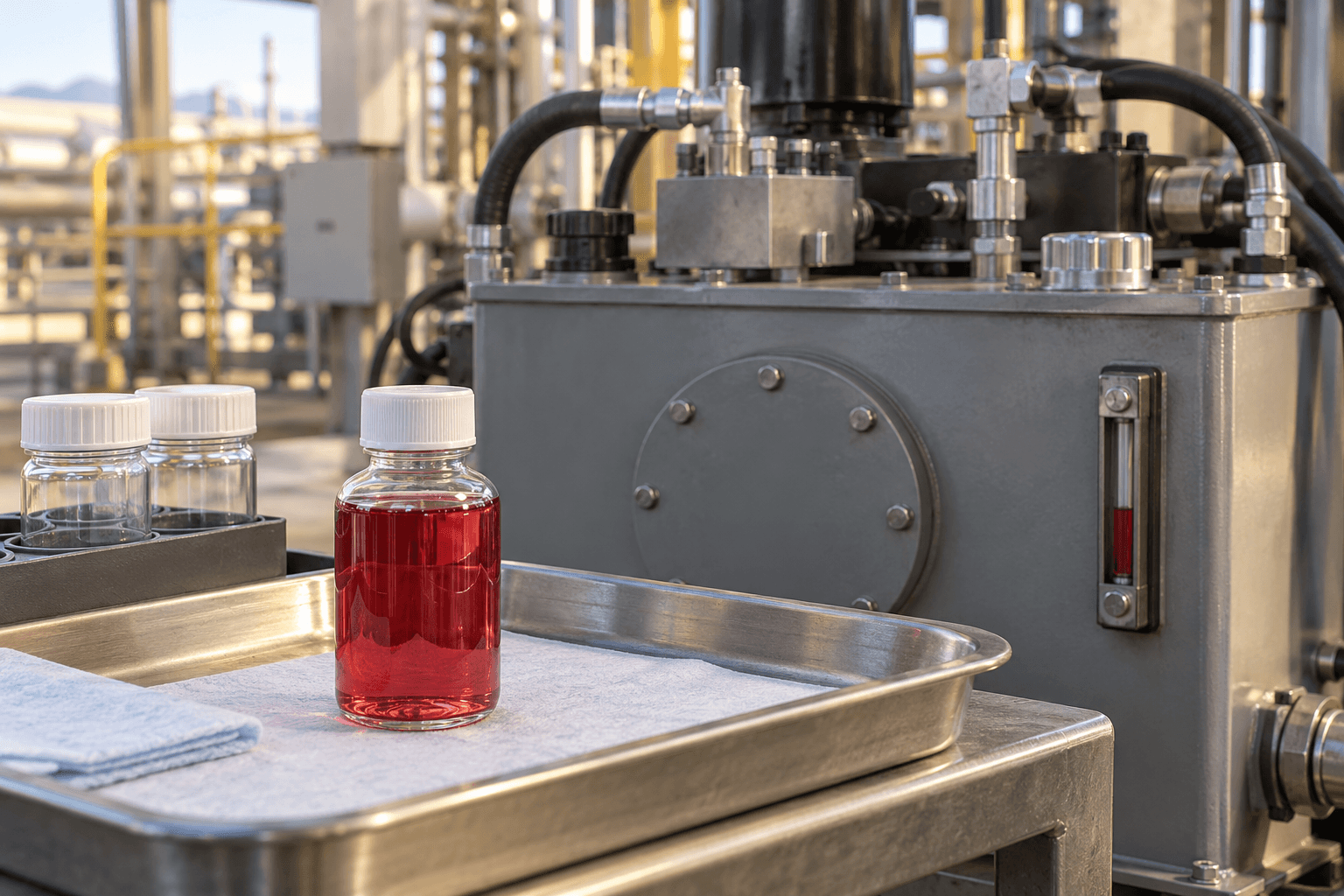 Illustrative sealed HFC fluid sample beside a closed industrial hydraulic reservoir