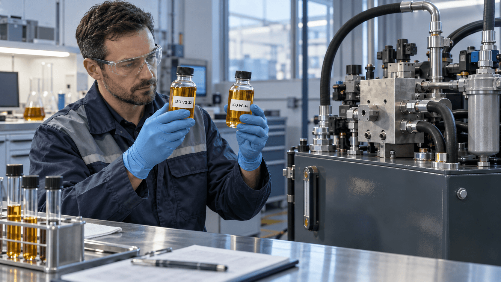 Illustration of ISO VG 32 and 46 oil samples beside an industrial hydraulic system