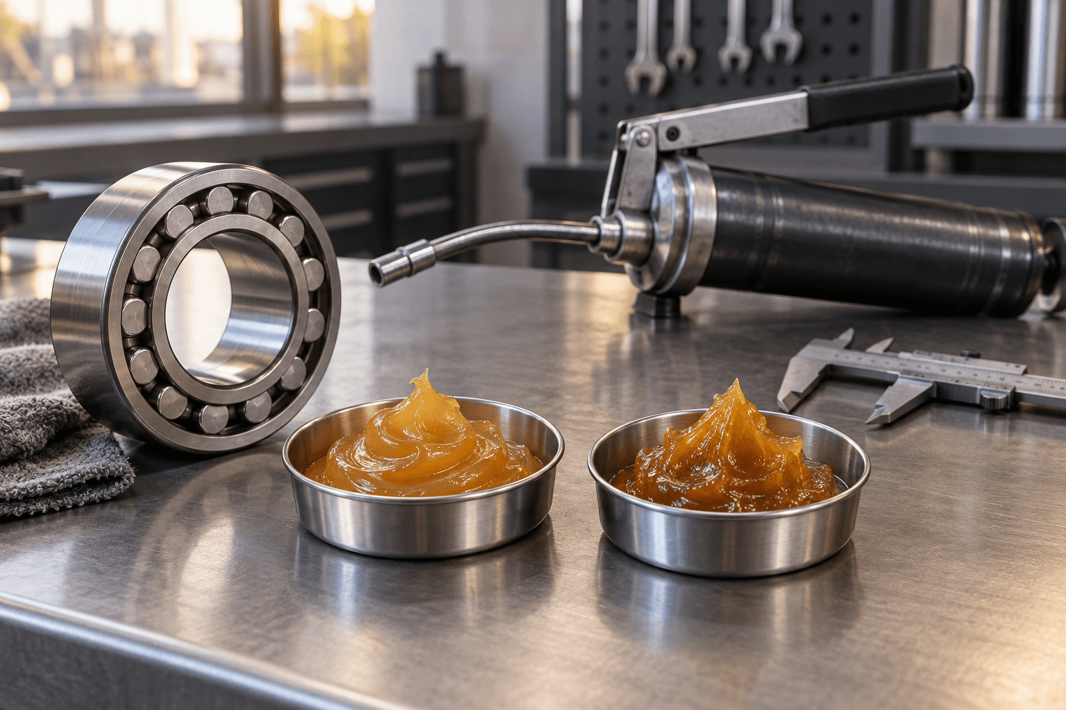Illustrative grease samples, bearing and grease gun for industrial lubricant selection